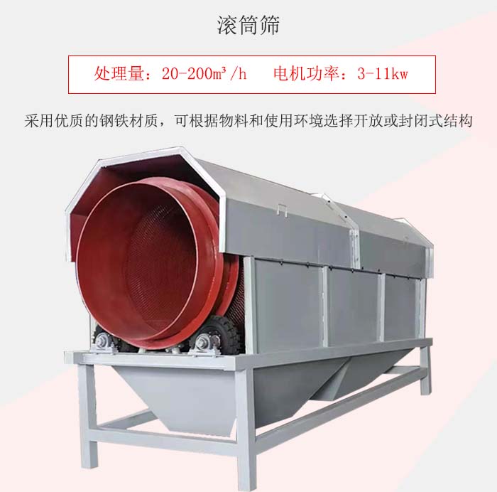 滾筒篩采用優質的鋼鐵材質，可根據物料和使用環境選擇開放或封閉式結構