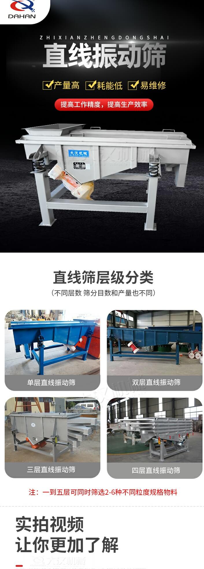 直線振動篩特點：產量高，耗能低，易維修同時能夠提高工作精度，提高生產效率等優勢。直線振動篩層級分類：單層，雙層，三層，四層等不同層數，篩分目數和產量也會有所不同。直線振動篩篩分塑料顆粒試機現場：塑料顆粒從入料口進入直線振動篩，由雙電機帶動機體振動，產生的振動頻率使大小不一的塑料顆粒被篩網篩分，自動分層排料,篩分效率高