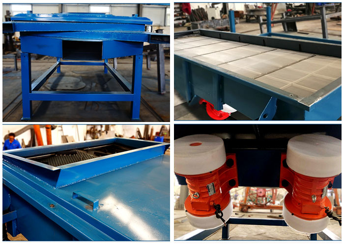 方形振動篩出料口，篩網和網架，進料口，振動電機等細節展示。