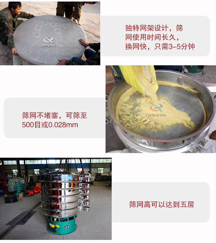 三次元振動篩的特點：篩網使用時間長換讓時間短，篩網不堵塞，可篩至500目或0.028mm。