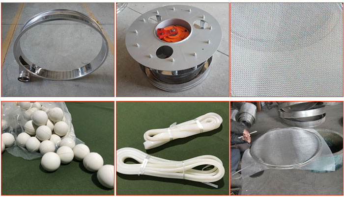 800型全不鏽鋼振動篩配件有：振動篩篩框，電機，不鏽鋼篩網等。