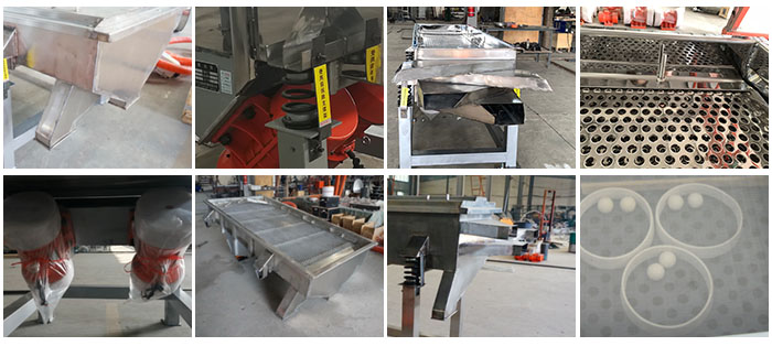 不鏽鋼直線篩不同定製出料口，電機，篩網，篩箱，彈跳球等部件細節展示