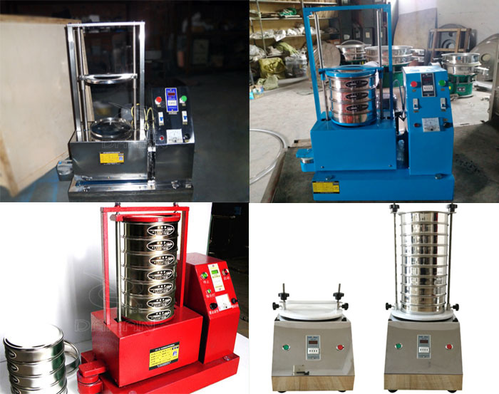 三種不同類型的試驗篩，區別控製台在下部或在右側。材質為不鏽鋼和碳鋼兩種，碳鋼材質做了噴漆有：紅色和藍色兩種。