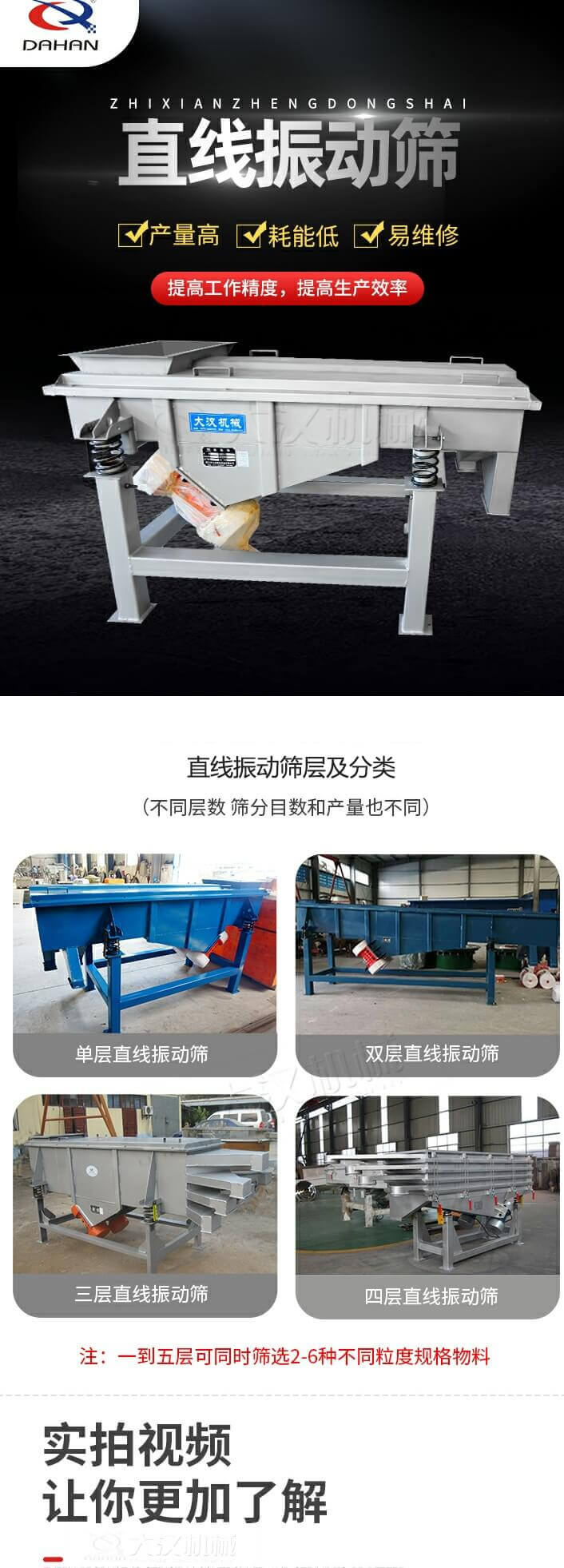 直線振動篩概述，產量高，耗能低，易維修，提高工作精度，提高生產效率，直線振動篩層級分類：不同層數，篩分目數和產量也不同：單層，雙層，三層，四層等。