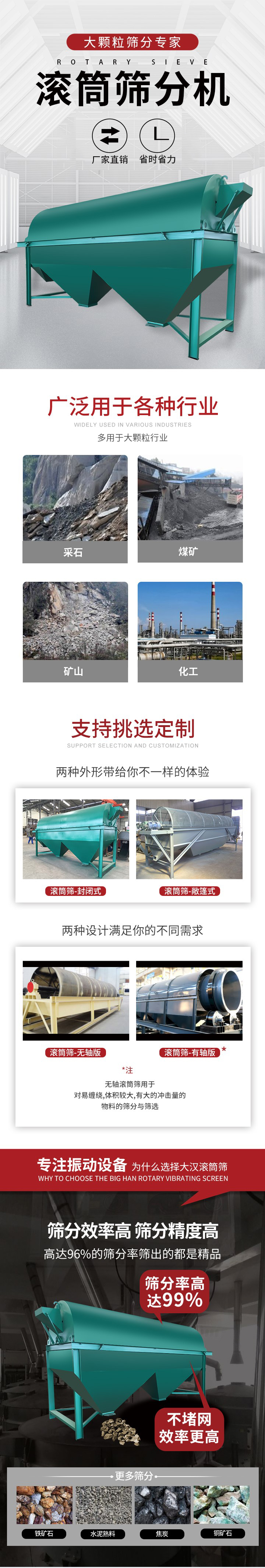 滾筒篩分機大顆粒篩分專家：廠家直銷，省時省力。滾筒篩被廣泛應用各種行業：多用於大顆粒行業例如：采石，煤礦，礦山，化工等。滾筒篩定製類型有哪些：封閉式與敞篷式產品結構分為：無軸式，有軸式兩種，無軸滾筒篩用於對纏繞，體積較大，有大的衝擊量的物料的篩分與篩選。滾筒篩篩分效率高篩分精度能夠達到：96%也比較適用於鐵礦石，水泥熟料，焦炭，銅礦石。滾筒篩特點：不飛粉末：密封隔離罩，密封性好，工作過程不會出現飛粉現象。外型尺寸是按筒體長計