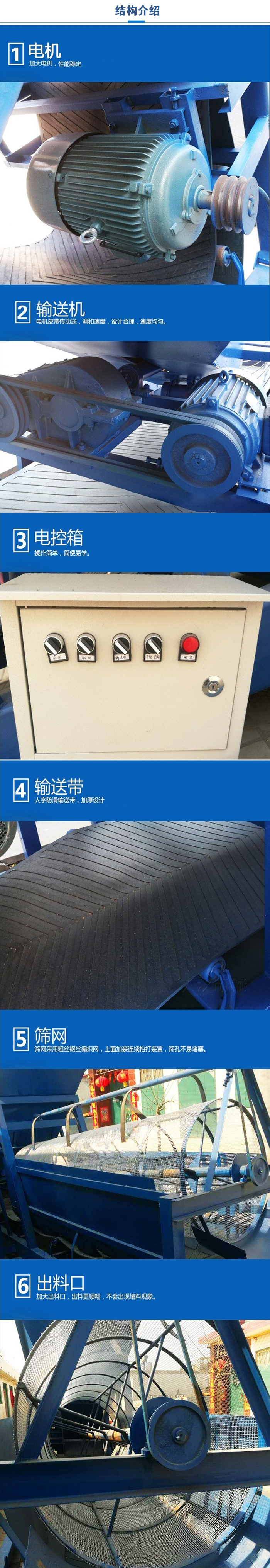 移動篩沙機結構:電機，加大電機，性能相對比較穩定。輸送機：電機皮帶傳動送，調和速度，設計合理，速度均勻。電控箱：操作簡單，簡便易學。輸送帶：人字防滑輸送帶，加厚設計。篩網，采用粗絲鋼絲編織而成的篩網，上麵加裝連續拍打裝置，篩孔不易堵塞。出料口：加大出料口，出料更順暢，不會出現堵料現象。